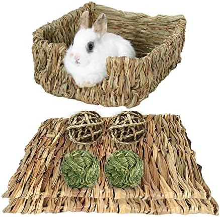 Hamiledyi Rabbit Grass Bed Natural Handmade Hay Mat Chew Balls for Rabbit Gerbil Chinchilla Guinea Pig Ferret Other Small Animals