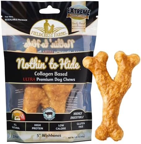 Fieldcrest Farms Nothin' to Hide Collagen-Based Dog Chews, Wishbone, Beef Flavor, Ultra-Premium, for Dogs Over 25lbs, Easily Digestible, Supports Skin, Coat, Joints & Muscles, 5-Inch, 2 Pieces