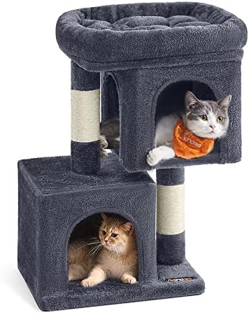 Feandrea Cat Tree, 26.4-Inch Small Cat Tower, Cute Plush Condo, Smoky Gray