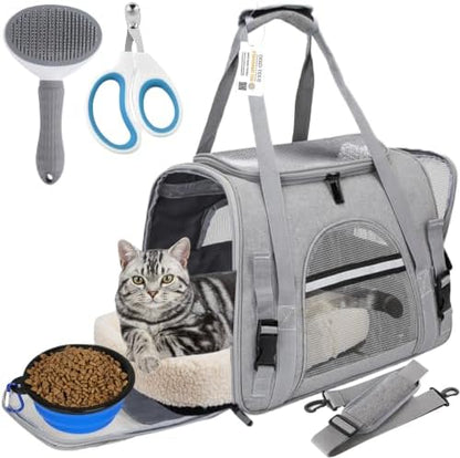 Pet Carrier Bag Airline Approved Up for Cats and Dogs Up to 20LBs, Soft Cat Carrier Dog Carrier Travel Kitten Carrier with Mat, Nail Clipper, Brush, Foldable Bowl Cat Accessories