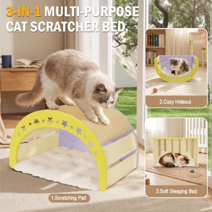 3-in-1 Crescent Elevated Cat Bed with Removable Sisal Scratcher & Soft Fleece Mat, Rocking Cat Hammock Lounge for Indoor Cats, Kittens & Small Animals, Purple