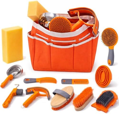 Horse Grooming Kit, 12-Piece Horse Brush Set with Storage Tote, Orange