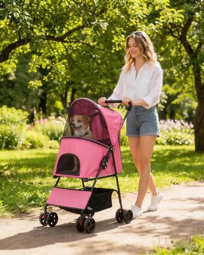 Pet Stroller for Small Dogs Cats, Lightweight Foldable Pink Dog Stroller