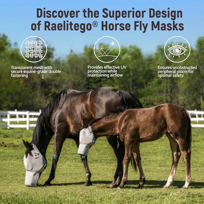 Raelitego Horse Fly Mask with Ears no Nose, Breathable Mesh UV Protect (XL)