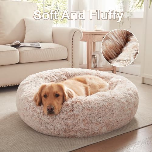 36 inches Faux Fur Fluffy Donut Dog Bed for Large Dogs,Brown