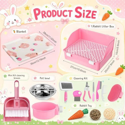 Reallnaive 15 Pcs Rabbit Starter Kit Small Rabbit Litter Box Girls Gift Animal Grooming Kit Bunny Toys Bowl Blankets with Cleaning Set for Guinea Pig Accessories(Light Pink)