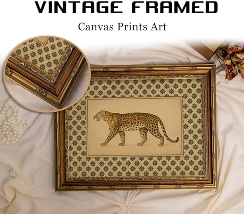 Vintage Gold Framed Leopard Wall Art, Antique Botanical Animal Canvas Print, Floral Pattern Background Wall Decor, Jungle Animal Cheetah Picture Poster Artwork for Bedroom Living Room