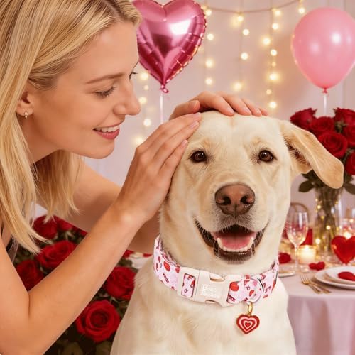 Dog Collars, Valentine's Pink Letter Heart Print Pet Collar Durable Adjustable Plastic Pendant Dog Collar for Large Dogs