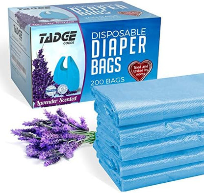 Baby Disposable Diaper Bags Scented with Lavender - Odor Absorber Biodegradable Plastic Diaper Sacks for Trash Bag Essential Items - Bags for Dirty Diapers - Refill 200 Count (Blue)
