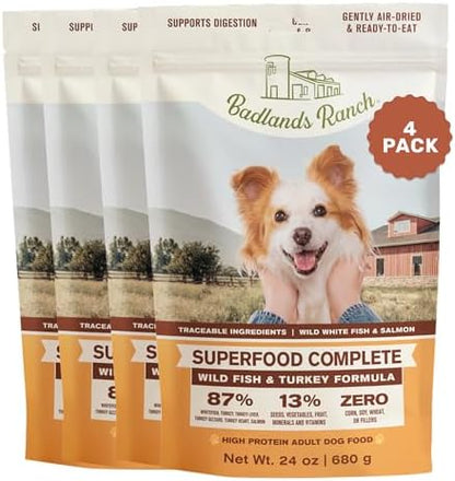 BADLANDS RANCH Air-Dried Fish & Turkey Dog Food, 87% Meat, 24 oz, 4-Pack