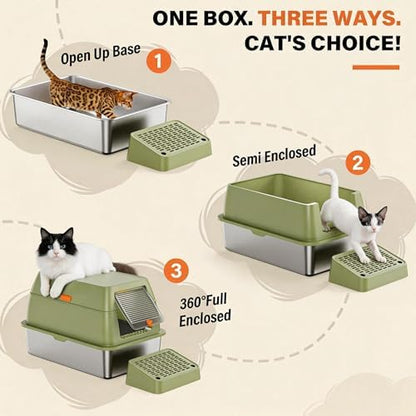 Extra Large Enclosed Stainless Steel Litter Box with lid，Front Entry Top Exit High Sided Metal cat Litter Pan，Non-Stick Easy Cleaning Anti-Urine Leakage for Big Cats，Includes Mat, Scoop & Step, Green