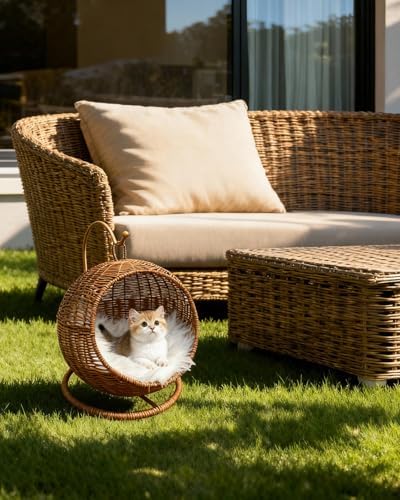Wicker Cat Bed Indoor & Outdoor, Handwoven PP Rattan Cat Swing Bed with Removable Washable Cushion, Breathable Waterproof Cat House for Cats & Small Dogs (Small–11.4" L × 18.9" H)