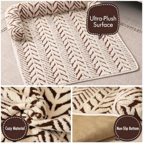 Calming Dog Couch Bed Mats with Neck and Head Support, Fluffy Plush Pet Sofa Cover for Small Medium Dogs and Cats, Non-Slip Bottom, Machine Washable