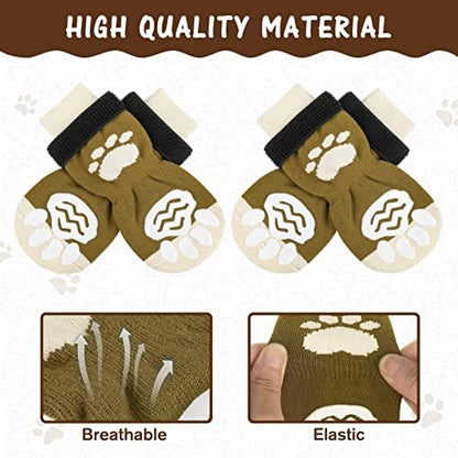 PUPTECK Anti-Slip Dog Socks with Double Sides Grips for Small Medium Large Dogs Hardwood Floors Prevents Licking, Dog Shoes for Hot Pavement Traction Control Paw Protector for Senior Dogs, Brown S