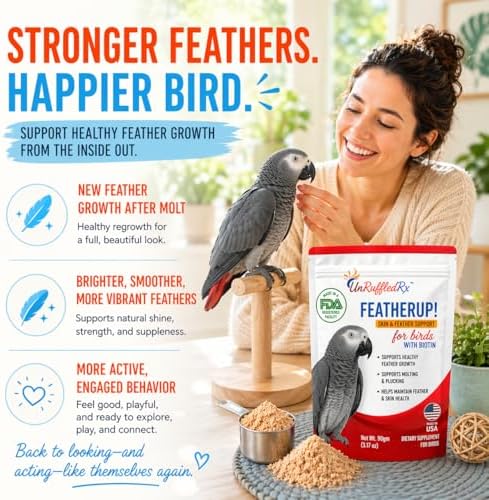 UnRuffledRx FeatherUp! Bird Molting Support & Feather Growth Supplement - for Plucking, Regrowth & Molt - Multivitamin & Amino Acids for All Birds - 90g (240 Servings)