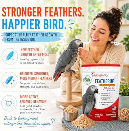 UnRuffledRx FeatherUp! Bird Molting Support & Feather Growth Supplement - for Plucking, Regrowth & Molt - Multivitamin & Amino Acids for All Birds - 90g (240 Servings)