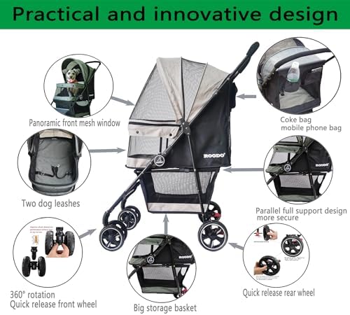 ROODO 4 Wheel Dog Cat Pet Stroller Best Lightweight Foldable Compact Portable Jogger All Terrain Travel Pet Gear Puppy Doggie Bunny Kitty Stroller for up to 30lbs Medium Small Dogs Cats(Light Khaki)