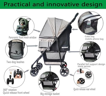 ROODO 4 Wheel Dog Cat Pet Stroller Best Lightweight Foldable Compact Portable Jogger All Terrain Travel Pet Gear Puppy Doggie Bunny Kitty Stroller for up to 30lbs Medium Small Dogs Cats(Light Khaki)