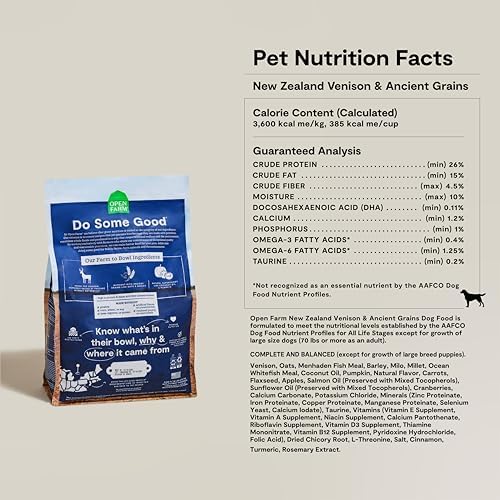 Open Farm Ancient Grains Dry Dog Food, New Zealand Venison Kibble, 22lb Bag