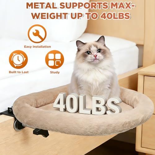 IPOW Heavy Duty Steel Frame 180°Rotating Cat Bedside Bed Semi-Circular Cat Bed for Bedside, Soft Faux Rabbit Fur Material, Suitable for Various Desktops-Maximum Hold Up to 40lb
