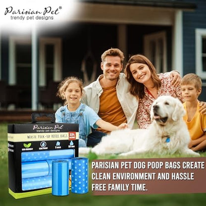 Parisian Pet Ecofriendly Dog Poop Bags Rolls - 160 Count Unscented Poop Bags For Dogs - Leakproof, Extra Thick, 8 Dog Waste Bags Refill Rolls - Stripes Dots Blue Doggie Poop Bags