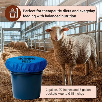 Horse Bucket Cover for Feed Protection & Organization, Keeps Flies & Dust Out, Elastic Fit for 2-5 Gallon Buckets, Livestock Feed Bucket Top - 1 Pack (Morning Feed)