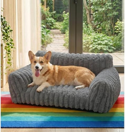 Dog Couch for Indoor Dogs,Cute Dog Bed Cover Fully Removable and Machine Washable, Supportive Faux Rabbit Fur Dog Sofa with Non-Slip Base, Dog Friendly Couch