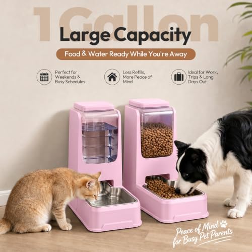 Automatic Cat Feeder and Water Dispenser Set with Stainless Steel Bowls, Gravity Dog Food and Waterer Large Capacity Pet Feeder for Small Medium Kitty Puppy, Light Purple