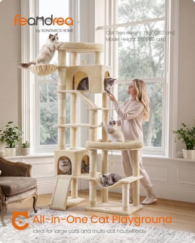Feandrea Large Cat Tree, 79.5" Tall Sturdy Cat Tower for Indoor, Beige