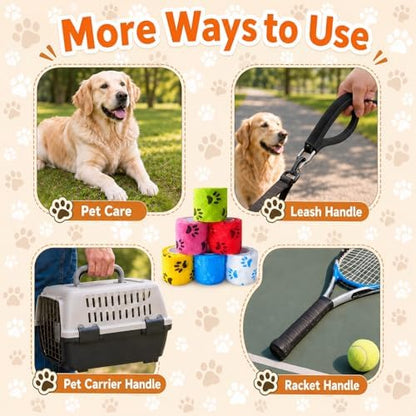 6 Pack 2 Inch x 5 Yards Paw Print Pet Vet Wrap for Dogs, Cats, Horses, Colorful Non-Woven Self-Adhesive Cohesive Bandage Rolls Set for Wound Care, Ankle Sprains, Swelling, and First Aid Protection