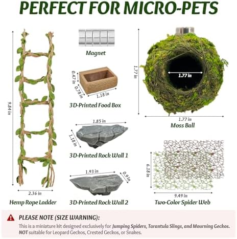 Jumping Spider Enclosure Accessories Kit - Magnetic Moss Ball Hideout, 2 Rock Ledges, Feeding Bowl, Climbing Mesh Nets & Rope Ladder - Natural Forest Habitat Decor for Regal (Moss Cave)