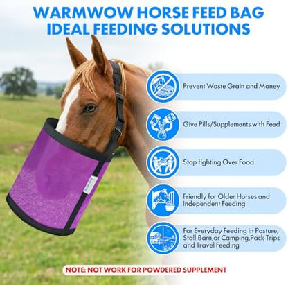 Horse Feed Bag Pack of 2 (Reinforced Bottom Edging), Feed Bags for Horses with Ventilation Mesh, Comfort Nose Pad Neck Pad, Adjustable Strap, Spill Proof Design for Feeding Grain, Supplements
