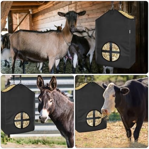 3 PCS Goat Hay Feeder,Hay Bags for Horses,Goats,Donkeys with Reinforced Oxford Fabric and High Strength Metal Clasp,Horse Feeding Supplies with Adjustable Strap for Easy Hanging (3Black)