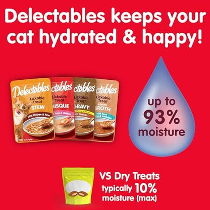 Delectables Lickable Treat Bisque Non-Seafood Wet Cat Treat with Real Tuna & Chicken, Food Topper, Hydrating, Grain-Free, No Fillers, By-Products, Added Preservatives, 1.4oz Pouch, 30ct