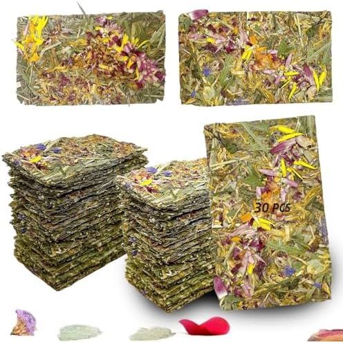 Hamiledyi Rabbit Chew Toys 30 Pcs Natural Timothy Hay Chips Bunny Molar Treats Enrichment Toys with Herbal Floral Scent for Guinea Pig Chinchilla Hamster Boredom