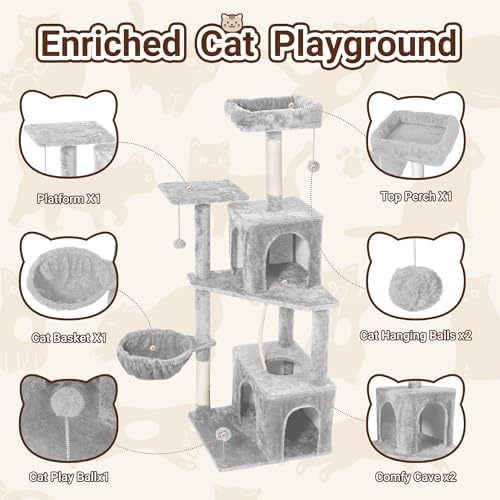 54-Inch Cat Tree Tower with 2 Caves & 2 Pompoms - Multi-Level Tower for Indoor Cats, Soft Plush Condo with Scratching Posts - Sturdy Base for Large Cats (Light Grey01)