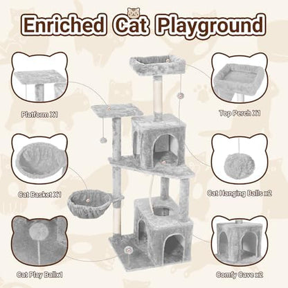 54-Inch Cat Tree Tower with 2 Caves & 2 Pompoms - Multi-Level Tower for Indoor Cats, Soft Plush Condo with Scratching Posts - Sturdy Base for Large Cats (Light Grey01)