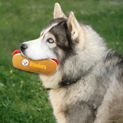 NFL Pittsburgh Steelers HOT Dog Plush Dog & CAT Squeak Toy - Cutest HOT-Dog Snack Plush Toy for Dogs & Cats with Inner Squeaker & Beautiful Football Team Name/Logo