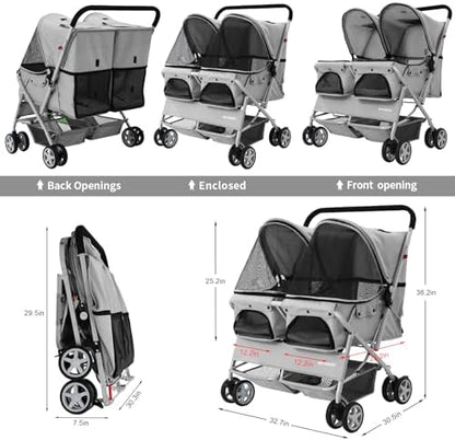 Double Pet Stroller for 2 Small Dogs & Cats, Side-by-Side Twin Travel Carriage with Safety Leashes, Mesh Windows & Double Storage Baskets, Lightweight & Foldable, 44lbs Capacity, Gray