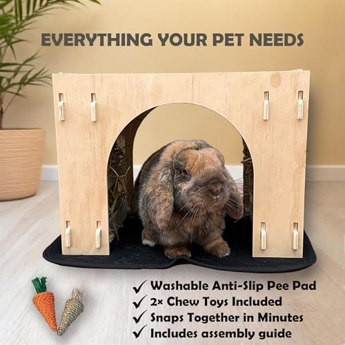 Kiwi&Mora Wooden Bunny Hideout – Large Indoor Rabbit House with Hay Feeder