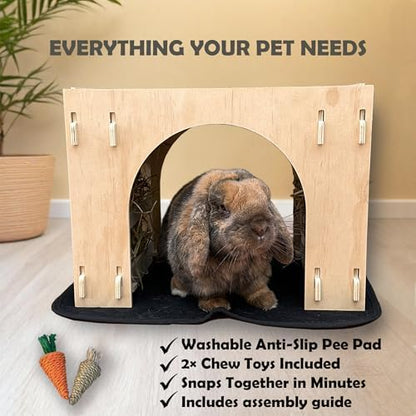 Kiwi&Mora Wooden Bunny Hideout – Large Indoor Rabbit House with Hay Feeder