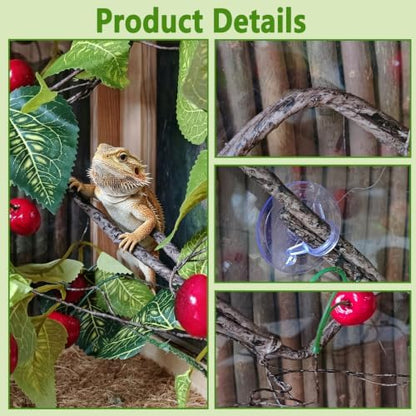 BNOSDM 2PCS Reptile Climbing Branch, Bendable Jungle Vine with Leaves Terrarium Plant Decoration with Suction Cup Chameleon Cage Accessories for Gecko Lizard Bearded Dragons Snake (Cherry)