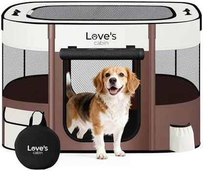Love's cabin Pet Puppy Dog Playpen, Large Dog Tent Crates Cage Indoor/Outdoor, Portable Exercise Playpen for Cat, Foldable Pop Up Dog Kennel Playpen with Carring Case (L, Brown)