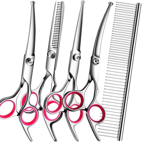 Dog Grooming Scissors Kit, Premium Stainless Steel Dog Shears with Curved Shears, Sharp Durable for Dogs Cats+Pink 5 Piece