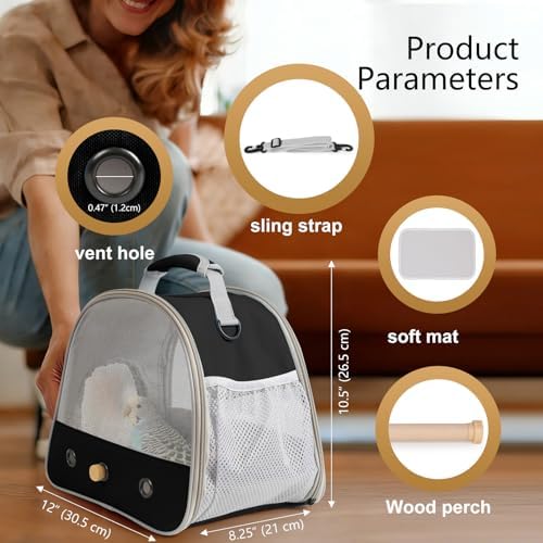 Bird Carrier, Portable Small Bird Parrot Parakeet Carrier with Standing Perch and Soft Mat, Side Access Window Collapsible (Black, Mesh Windows)