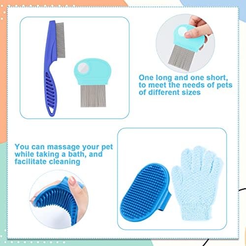 VCZONE Small Animal Grooming Set: Pet Nail Clipper & File, Flea Comb, Shampoo Brush, Shedding Slicker Brush, Massage Glove, Cleaning Comb (Blue)