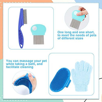 VCZONE Small Animal Grooming Set: Pet Nail Clipper & File, Flea Comb, Shampoo Brush, Shedding Slicker Brush, Massage Glove, Cleaning Comb (Blue)
