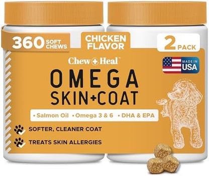 Omega 3 Fish Oil for Dogs, Chicken Flavor - 360 Skin and Coat Soft Chews