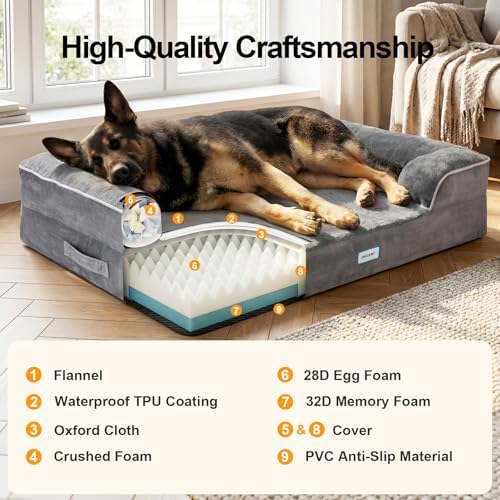 OhGeni Orthopedic Extra Large Dog Bed Couch, Memory Foam, 44-inch (Gray)