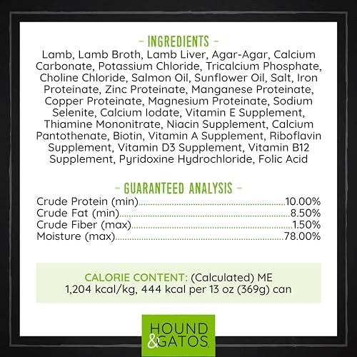Hound & Gatos Lamb Wet Dog Food, Single Protein, 98% Real Meat Formula, Supports Digestive Health, Grain Free Limited Ingredients, 13 oz. Cans (Pack of 12)